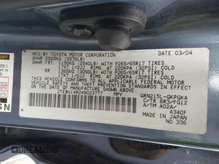 2004 Toyota 4Runner SR5 with VIN JTEBU14R248023777, listed as a IAAI auction lot 41850010 with 301,919 mi miles and . Bid and sale history available at DreamBid. Image 9.