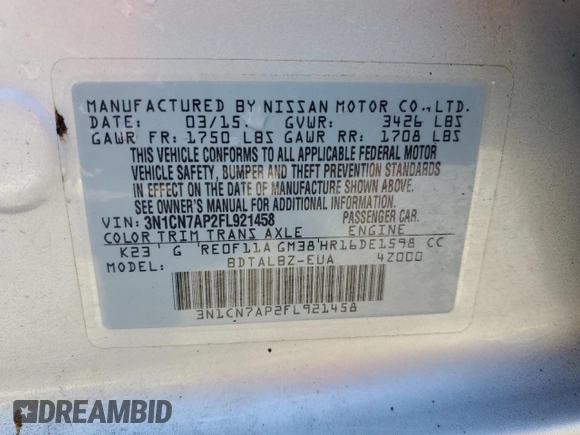 2015 Nissan Versa SV with VIN 3N1CN7AP2FL921458, listed as a Copart auction lot 50165295 with 85,593 mi miles and Salvage Title. Bid and sale history available at carsss.com. Image 14.