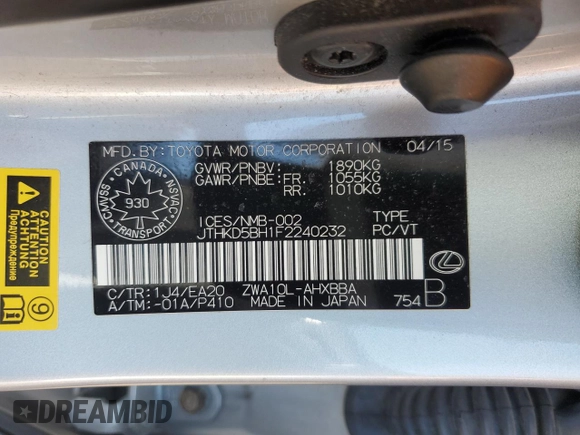 2015 Lexus CT 200h z VIN JTHKD5BH1F2240232, wystawiony jako Copart lot #55055375 z przebiegiem 100 704 mil mil oraz Tytuł czysty. Historia ofert i sprzedaży dostępna na DreamBid. Obrazek 12.