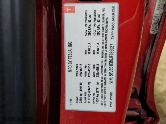 2018 Tesla Model 3 Long Range Battery with VIN 5YJ3E1EB6JF086027, listed as a Copart auction lot 82847164 with NaN miles and Salvage Title. Bid and sale history available at carsss.com. Image 12.