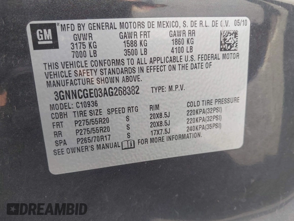 2010 Chevrolet Avalanche LTZ with VIN 3GNNCGE03AG268382, listed as a IAAI auction lot 41502808 with 254,571 mi miles and . Bid and sale history available at DreamBid. Image 9.
