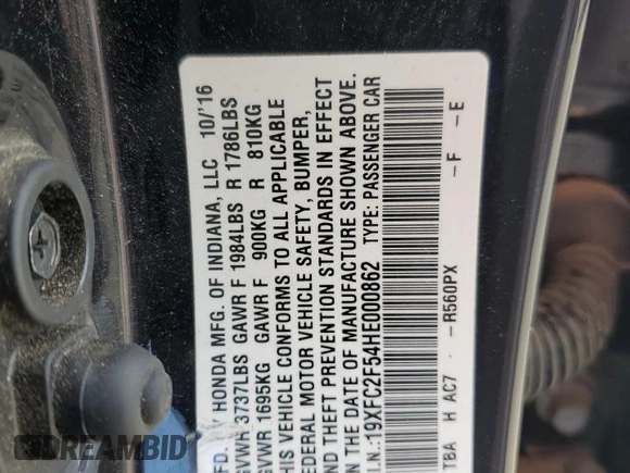 2017 Honda Civic LX z VIN 19XFC2F54HE000862, wystawiony jako Copart lot #57388705 z przebiegiem 110 355 mil mil oraz Szkoda całkowita • Salvage title. Historia ofert i sprzedaży dostępna na DreamBid. Obrazek 12.