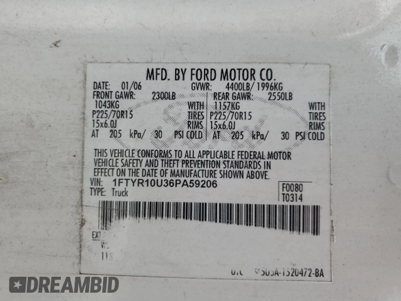 2006 Ford Ranger XL z VIN 1FTYR10U36PA59206, wystawiony jako Copart lot #52925805 z przebiegiem 162 673 mil mil oraz Szkoda całkowita • Salvage title. Historia ofert i sprzedaży dostępna na DreamBid. Obrazek 12.