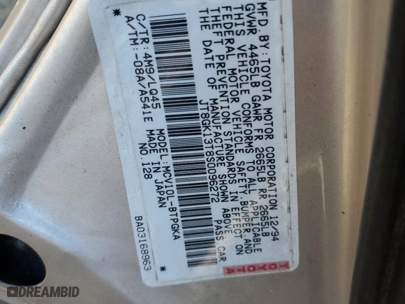 1995 Lexus ES 300 with VIN JT8GK13T8S0096272, listed as a Copart auction lot 88171845 with 216,957 mi miles and Salvage Title. Bid and sale history available at carsss.com. Image 13.