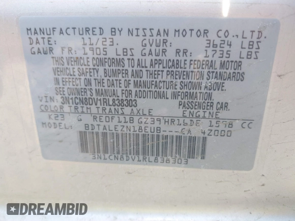 2024 Nissan Versa S with VIN 3N1CN8DV1RL838303, listed as a IAAI auction lot 41771250 with 21,555 mi miles and . Bid and sale history available at carsss.com. Image 9.