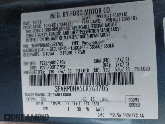 2012 Ford Fusion SE with VIN 3FAHP0HA5CR263705, listed as a IAAI auction lot 42583137 with 184,407 mi miles and . Bid and sale history available at DreamBid. Image 9.