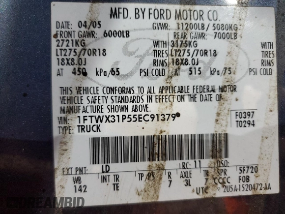 2005 Ford F-350 XL z VIN 1FTWX31P55EC91379, wystawiony jako Copart lot #47813565 z przebiegiem 142 729 mil mil oraz Szkoda całkowita • Salvage title. Historia ofert i sprzedaży dostępna na DreamBid. Obrazek 13.