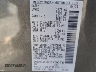 2024 Nissan Pathfinder S z VIN 5N1DR3AC1RC275076, wystawiony jako Copart lot #82521824 z przebiegiem 16 240 mil mil oraz Szkoda całkowita • Salvage title. Historia ofert i sprzedaży dostępna na DreamBid. Obrazek 15.