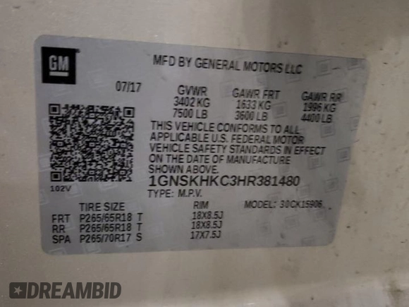 2017 Chevrolet Suburban LT with VIN 1GNSKHKC3HR381480, listed as a Copart auction lot 53789925 with 142,392 mi miles and Salvage Title. Bid and sale history available at DreamBid. Image 14.