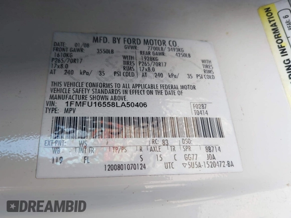 2008 Ford Expedition SSV with VIN 1FMFU16558LA50406, listed as a IAAI auction lot 42103006 with 106,242 mi miles and . Bid and sale history available at DreamBid. Image 9.