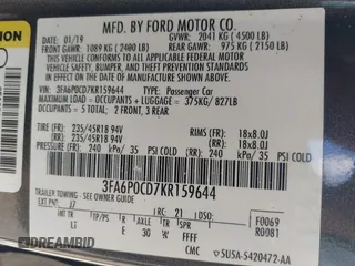 2019 Ford Fusion SEL with VIN 3FA6P0CD7KR159644, listed as a IAAI auction lot 40280287 with 57,329 mi miles. Bid and sale history available at carsss.com. Image 9.