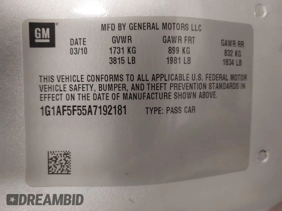 2010 Chevrolet Cobalt 2LT with VIN 1G1AF5F55A7192181, listed as a IAAI auction lot 42165685 with 180,807 mi miles and . Bid and sale history available at DreamBid. Image 9.