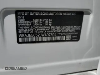 2018 BMW 5 Series 540i z VIN WBAJE5C52JWA97694, wystawiony jako Copart lot #58089145 z przebiegiem Nie podano mil oraz Szkoda całkowita • Salvage title. Historia ofert i sprzedaży dostępna na DreamBid. Obrazek 12.