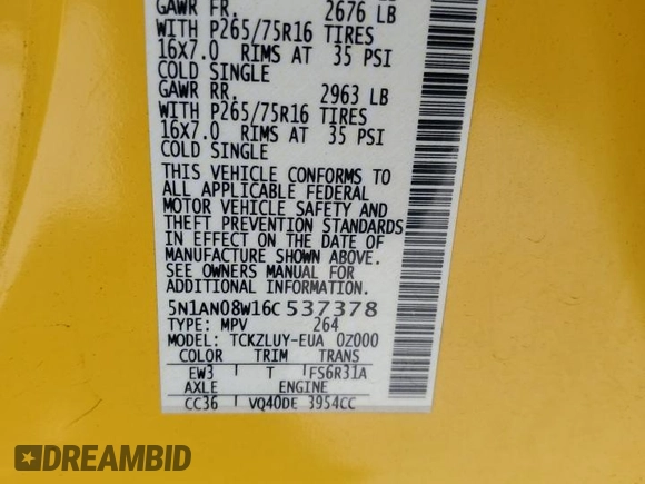 2006 Nissan Xterra S with VIN 5N1AN08W16C537378, listed as a Copart auction lot 57625985 with 344,117 mi miles and Clean title. Bid and sale history available at DreamBid. Image 13.