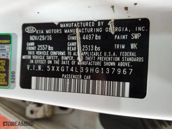 2017 Kia Optima LX with VIN 5XXGT4L39HG137967, listed as a Copart auction lot 53544375 with 147,940 mi miles and Salvage Title. Bid and sale history available at carsss.com. Image 14.