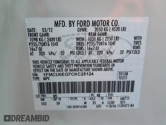 2012 Ford Escape Limited with VIN 1FMCU0EG7CKC25124, listed as a Copart auction lot 48351205 with 129,966 mi miles and Salvage Title. Bid and sale history available at DreamBid. Image 13.