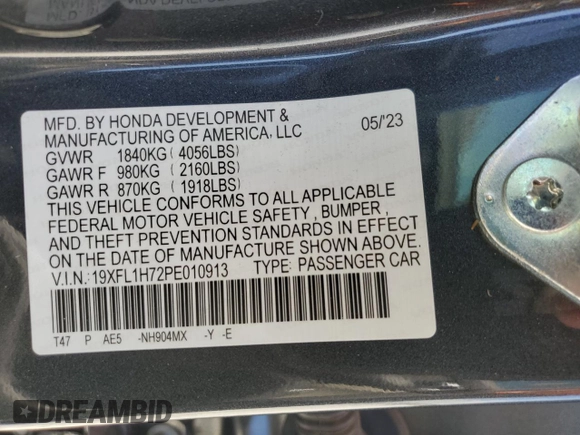 2023 Honda Civic EX-L z VIN 19XFL1H72PE010913, wystawiony jako Copart lot #51608005 z przebiegiem 35 961 mil mil oraz Szkoda całkowita • Salvage title. Historia ofert i sprzedaży dostępna na DreamBid. Obrazek 13.