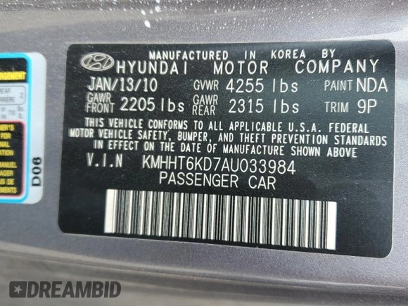 2010 Hyundai Genesis Coupe Premium with VIN KMHHT6KD7AU033984, listed as a Copart auction lot 64473465 with 95,512 mi miles and Clean title. Bid and sale history available at DreamBid. Image 12.
