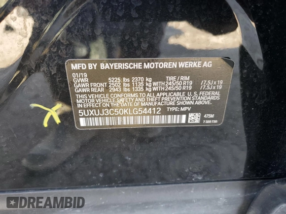 2019 BMW X4 xDrive30i with VIN 5UXUJ3C50KLG54412, listed as a Copart auction lot 43918025 with 83,106 mi miles and Salvage Title. Bid and sale history available at carsss.com. Image 14.