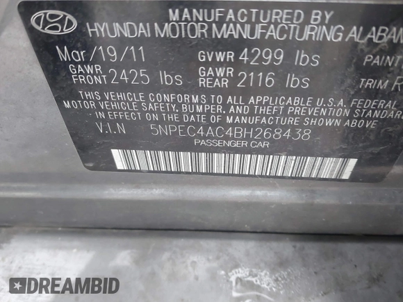 2011 Hyundai Sonata SE with VIN 5NPEC4AC4BH268438, listed as a IAAI auction lot 41588949 with 164,339 mi miles. Bid and sale history available at carsss.com. Image 9.