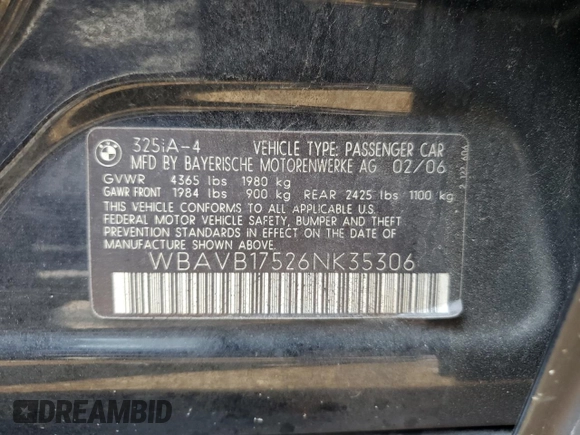 2006 BMW 3 Series 325i with VIN WBAVB17526NK35306, listed as a Copart auction lot 65991894 with 0 mi miles and Salvage Title. Bid and sale history available at carsss.com. Image 13.