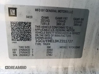 2019 Chevrolet Silverado 1500 High Country with VIN 1GCUYHEL9KZ311727, listed as a Copart auction lot 43365025 with 163,629 mi miles and Salvage Title. Bid and sale history available at carsss.com. Image 14.