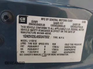 2005 Chevrolet Uplander LS with VIN 1GNDV23L45D247002, listed as a IAAI auction lot 41976734 with 222,256 mi miles and . Bid and sale history available at DreamBid. Image 9.