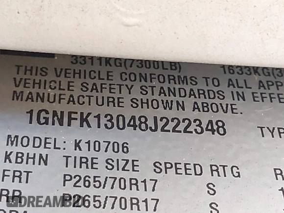 2008 Chevrolet Tahoe LTZ with VIN 1GNFK13048J222348, listed as a IAAI auction lot 42669443 with 113,525 mi miles and . Bid and sale history available at DreamBid. Image 9.