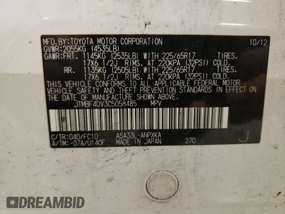 2012 Toyota RAV4 with VIN JTMBF4DV3C5058485, listed as a Copart auction lot 63336365 with 160,053 mi miles and Salvage title. Bid and sale history available at DreamBid. Image 13.