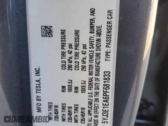 2023 Tesla Model 3 z VIN 5YJ3E1EA6PF681833, wystawiony jako Copart lot #55557834 z przebiegiem 36 522 mil mil oraz Szkoda całkowita • Salvage title. Historia ofert i sprzedaży dostępna na DreamBid. Obrazek 14.