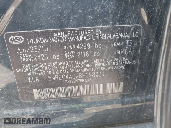 2011 Hyundai Sonata Limited with VIN 5NPEC4AC2BH098239, listed as a IAAI auction lot 42100917 with 99,116 mi miles and . Bid and sale history available at DreamBid. Image 9.