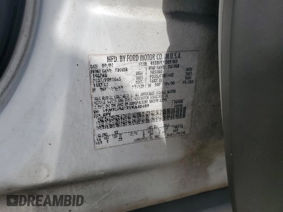 2002 Ford Escape XLT Choice with VIN 1FMYU04172KA40489, listed as a Copart auction lot 58437165 with 212,793 mi miles and Salvage title. Bid and sale history available at DreamBid. Image 13.