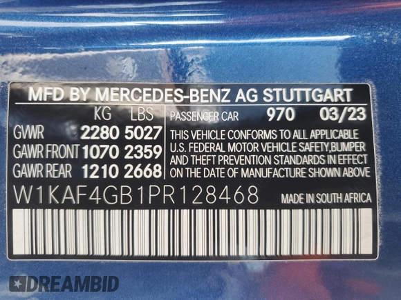 2023 Mercedes-Benz C 300 with VIN W1KAF4GB1PR128468, listed as a Copart auction lot 52821865 with 20,623 mi miles and Salvage title. Bid and sale history available at DreamBid. Image 13.
