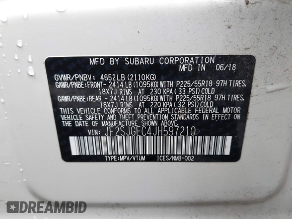 2018 Subaru Forester Premium with VIN JF2SJGEC4JH597210, listed as a IAAI auction lot 41904798 with 93,790 mi miles. Bid and sale history available at carsss.com. Image 9.
