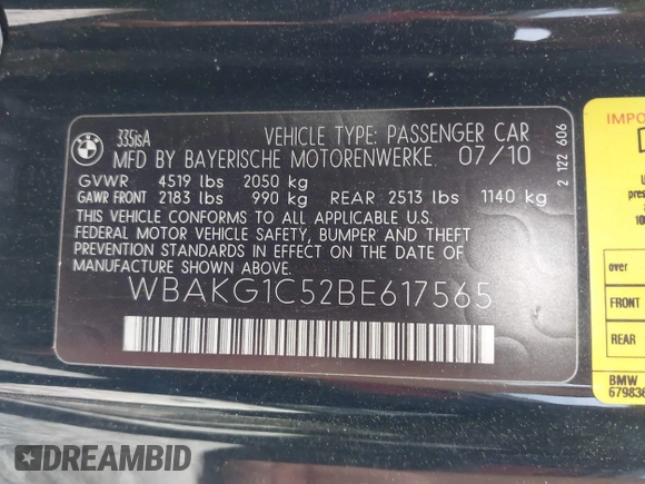 2011 BMW 3 Series 335is with VIN WBAKG1C52BE617565, listed as a IAAI auction lot 42076322 with 136,159 mi miles and . Bid and sale history available at carsss.com. Image 9.