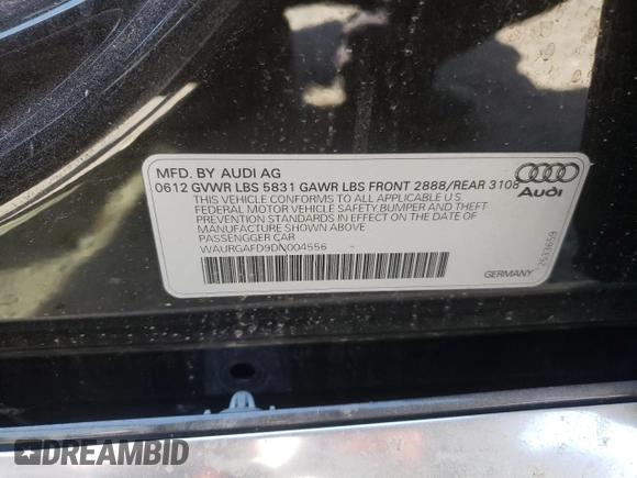 2013 Audi A8 3.0L with VIN WAURGAFD9DN004556, listed as a Copart auction lot 65018975 with 138,090 mi miles and Salvage title. Bid and sale history available at DreamBid. Image 12.