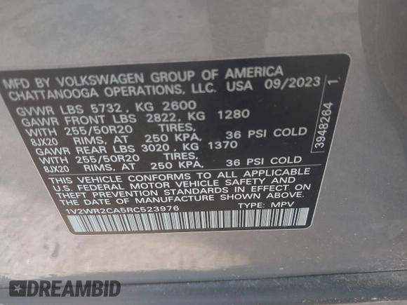 2024 Volkswagen Atlas SE с VIN 1V2WR2CA5RC523976, выставлен на аукционе IAAI как лот 41092917 с пробегом 28 065 миль миль и . История ставок и продаж доступна на DreamBid. Изображение 9.