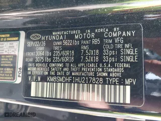 2017 Hyundai Santa Fe SE with VIN KM8SMDHF1HU217828, listed as a IAAI auction lot 42040245 with 111,569 mi miles. Bid and sale history available at carsss.com. Image 9.