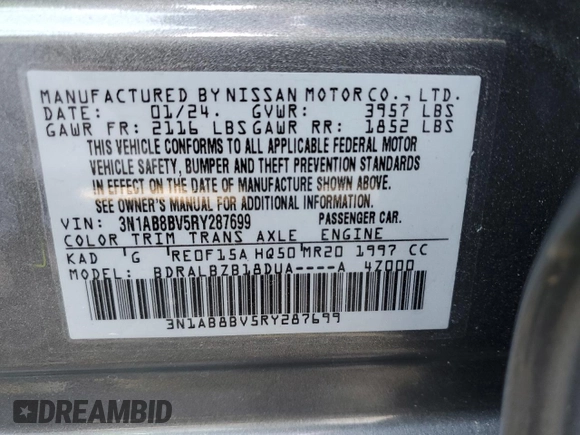 2024 Nissan Sentra S with VIN 3N1AB8BV5RY287699, listed as a Copart auction lot 50720355 with 42,087 mi miles and Salvage title. Bid and sale history available at DreamBid. Image 13.