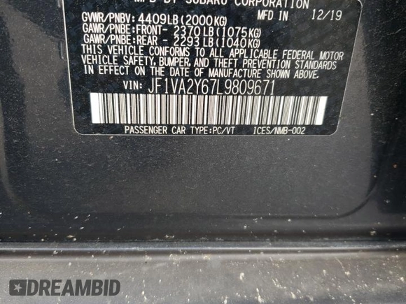 2020 Subaru WRX STI Limited with VIN JF1VA2Y67L9809671, listed as a Copart auction lot 72798394 with 36,123 mi miles and Salvage Title. Bid and sale history available at carsss.com. Image 12.