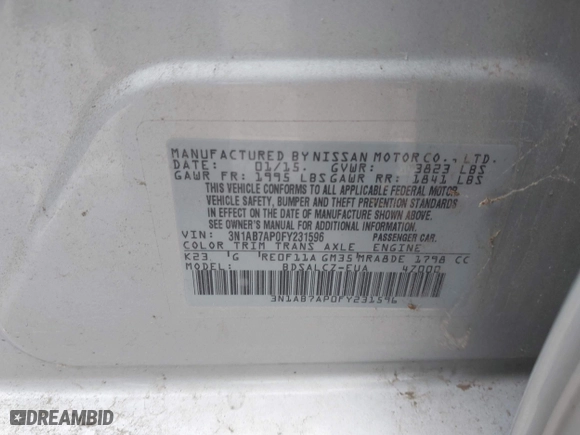 2015 Nissan Sentra S with VIN 3N1AB7AP0FY231596, listed as a IAAI auction lot 42086308 with 220,451 mi miles. Bid and sale history available at carsss.com. Image 9.