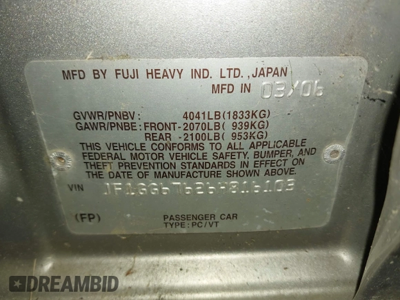 2006 Subaru Impreza i с VIN JF1GG67626H816103, выставлен на аукционе IAAI как лот 42460458 с пробегом 146 486 миль миль и . История ставок и продаж доступна на DreamBid. Изображение 9.