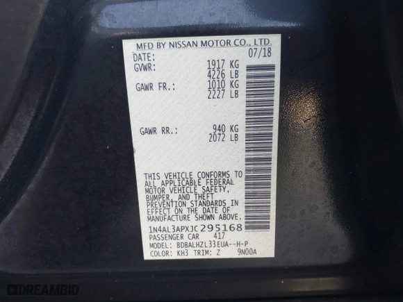 2018 Nissan Altima 2.5 SV with VIN 1N4AL3APXJC295168, listed as a IAAI auction lot 40952599 with 60,943 mi miles. Bid and sale history available at carsss.com. Image 9.
