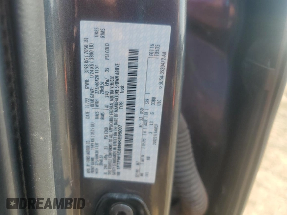 2022 Ford F-150 XL z VIN 1FTFW1E88NKE95007, wystawiony jako Copart lot #62837235 z przebiegiem 54 344 mil mil oraz Szkoda całkowita • Salvage title. Historia ofert i sprzedaży dostępna na DreamBid. Obrazek 12.