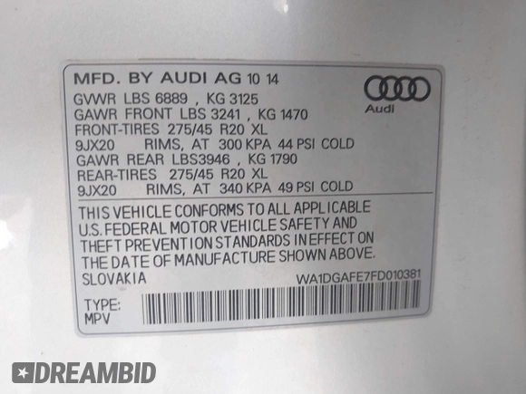 2015 Audi Q7 3.0T S line Prestige with VIN WA1DGAFE7FD010381, listed as a IAAI auction lot 40497702 with 167,046 mi miles. Bid and sale history available at carsss.com. Image 9.