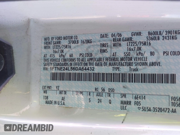 2006 Ford Econoline Cargo z VIN 1FTNE24L56DA64432, wystawiony jako IAAI lot #41888024 z przebiegiem 245 481 mil mil oraz . Historia ofert i sprzedaży dostępna na DreamBid. Obrazek 9.