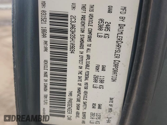 2005 Chrysler 300 with VIN 2C3JA63H35H109694, listed as a Copart auction lot 46893305 with 186,828 mi miles and Salvage Title. Bid and sale history available at carsss.com. Image 12.