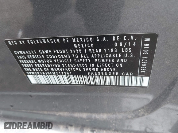2015 Volkswagen Jetta S z VIN 3VW2K7AJ6FM217381, wystawiony jako IAAI lot #42371909 z przebiegiem 237 510 mil mil oraz . Historia ofert i sprzedaży dostępna na DreamBid. Obrazek 9.