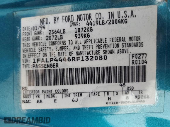 1994 Ford Mustang with VIN 1FALP4446RF132080, listed as a Copart auction lot 69632624 with 187,458 mi miles and Salvage title. Bid and sale history available at DreamBid. Image 12.