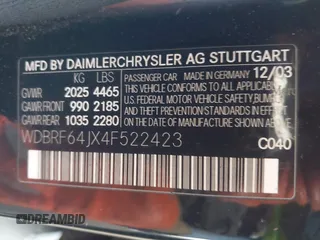 2004 Mercedes-Benz C 320 z VIN WDBRF64JX4F522423, wystawiony jako IAAI lot #42287731 z przebiegiem Nie podano mil oraz . Historia ofert i sprzedaży dostępna na DreamBid. Obrazek 9.